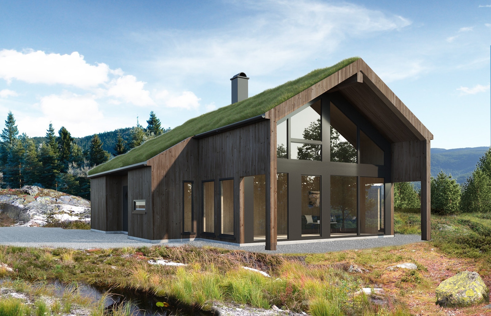 3 D bilde av hytta - her med alternativ stående kledning Galleribilde