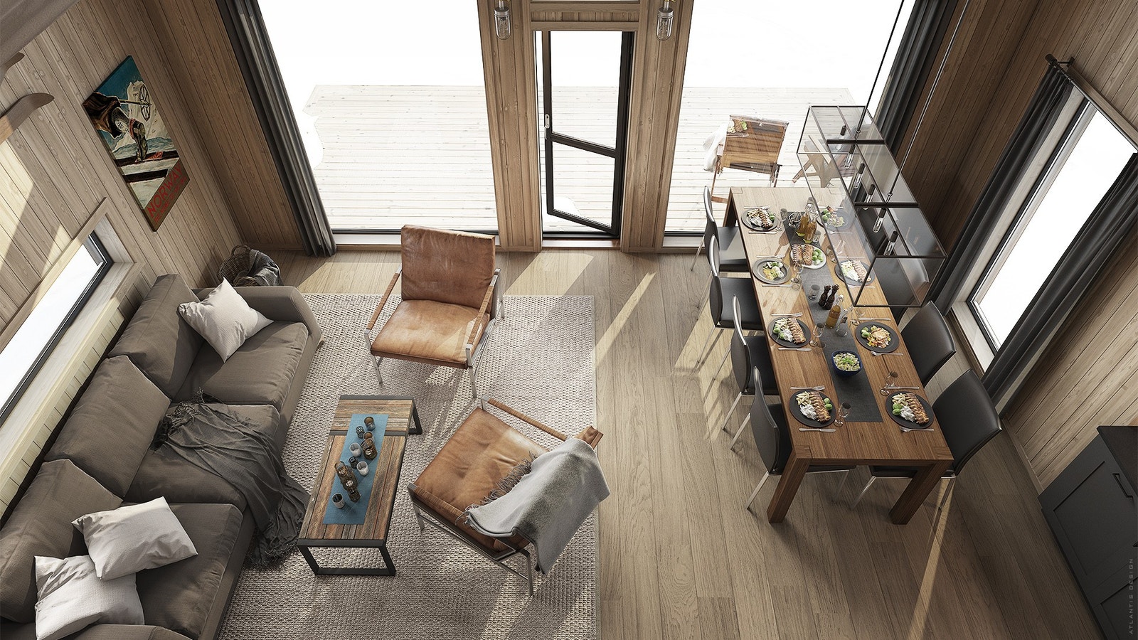 Bildet fra hems og ned mot stue og utsikt. Galleribilde