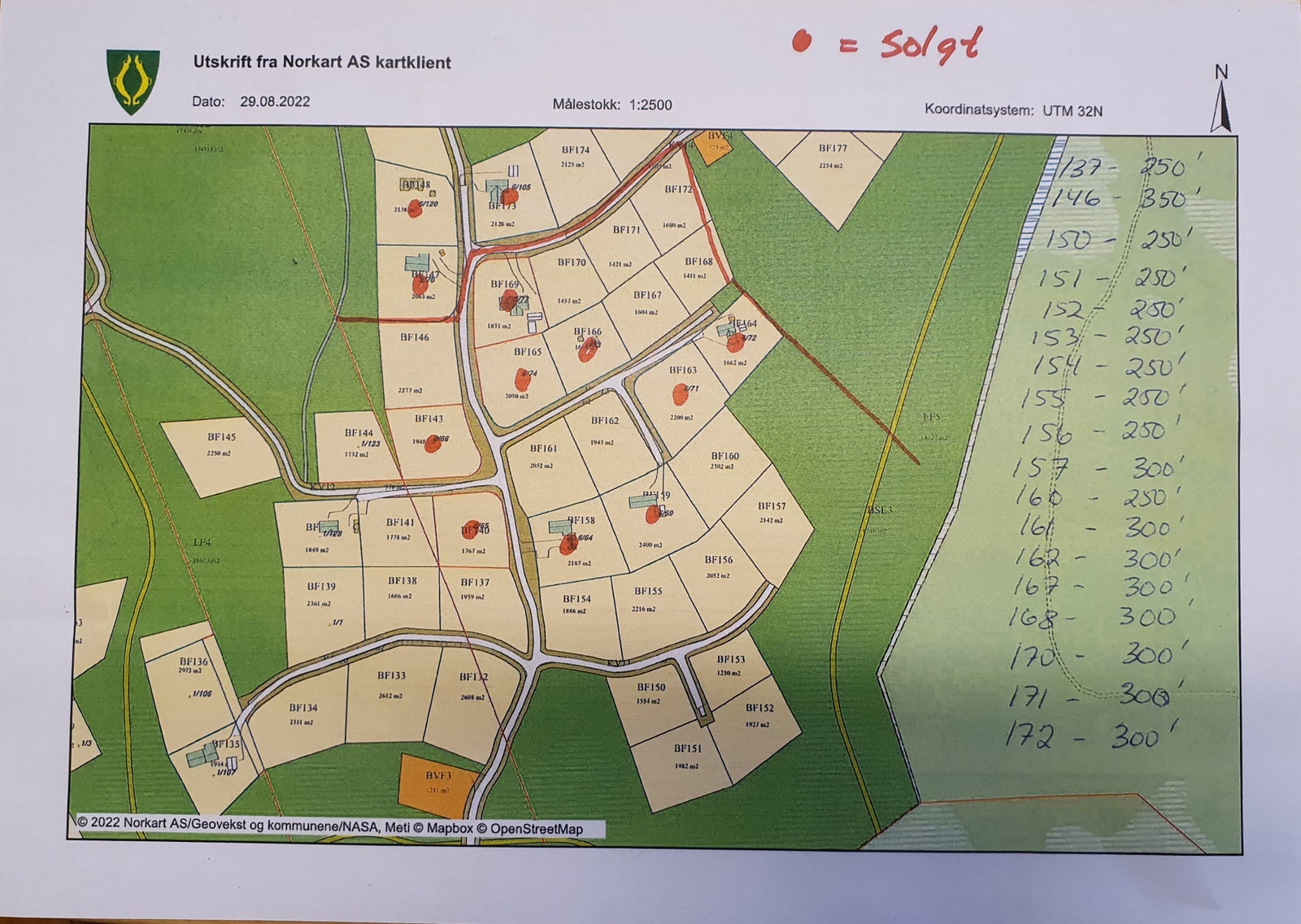 Tomtekart. Alle ledige tomter kan velges. Galleribilde