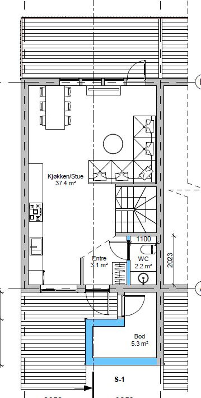 Alternativ planløsning på et av de andre rekkehusene i borettslaget. Dette er godkjent av borettslaget og p.t under behandling hos Plan og bygg. Galleribilde