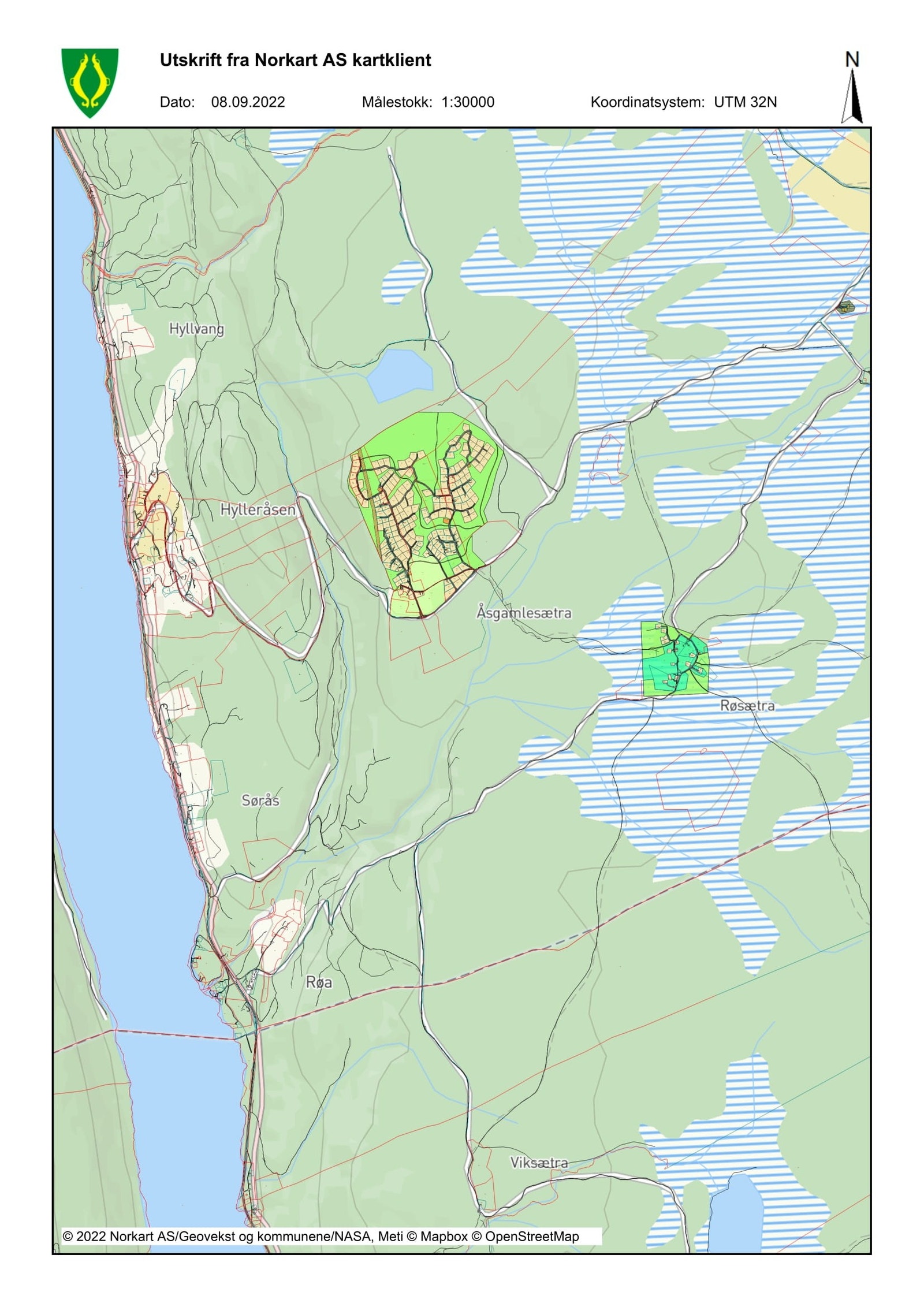 Kartutsnitt som viser hvor feltet ligger ifht Engersjøen og Hylleråsen. Galleribilde