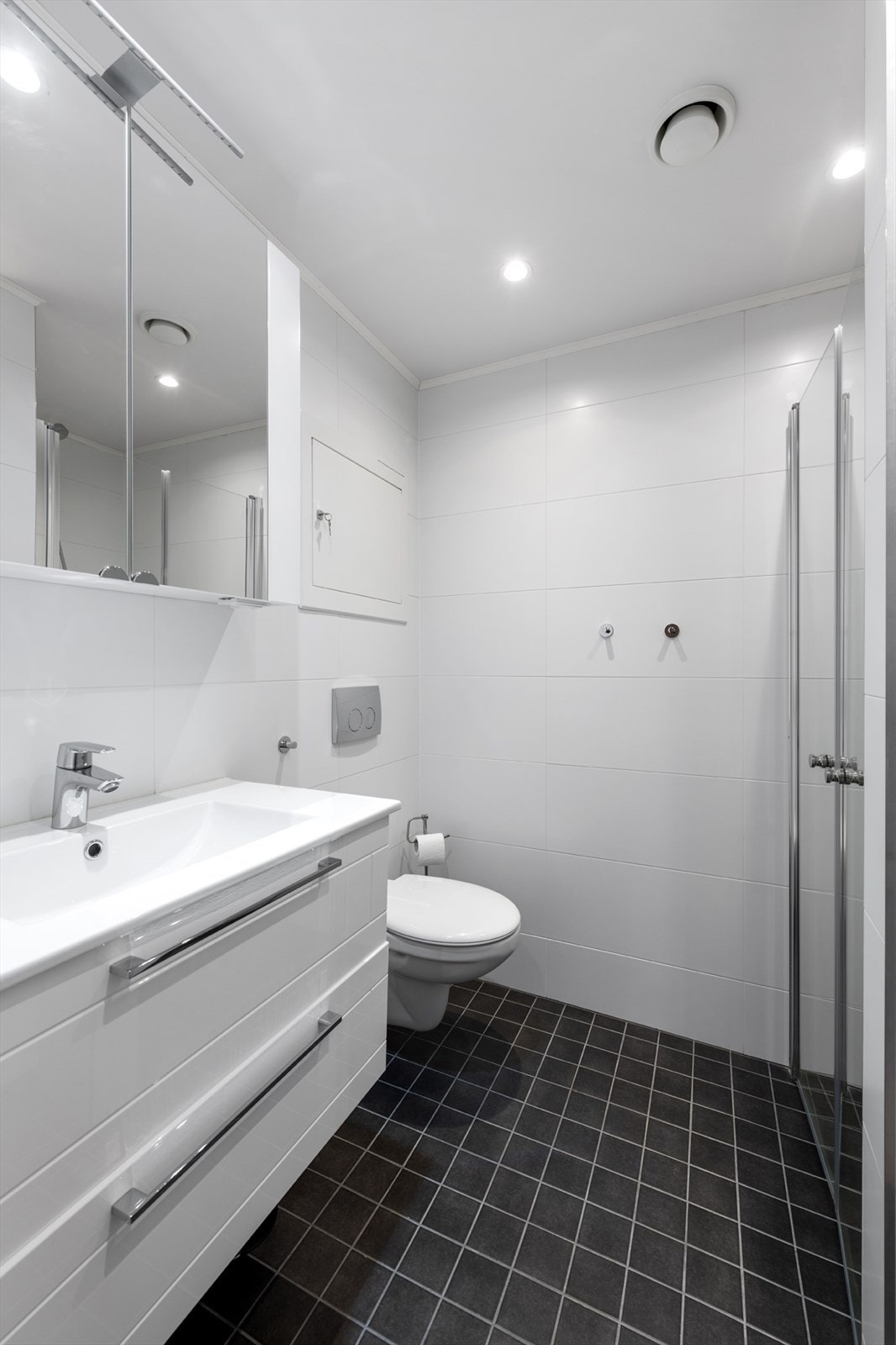 Varmekabler i gulv, opplegg for vaskemaskin og downlights i himling. Galleribilde