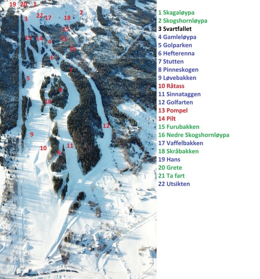 Bakkekart. Her har du en oversikt over Skagahøgdi Skisenter og alle nedfartene. Galleribilde