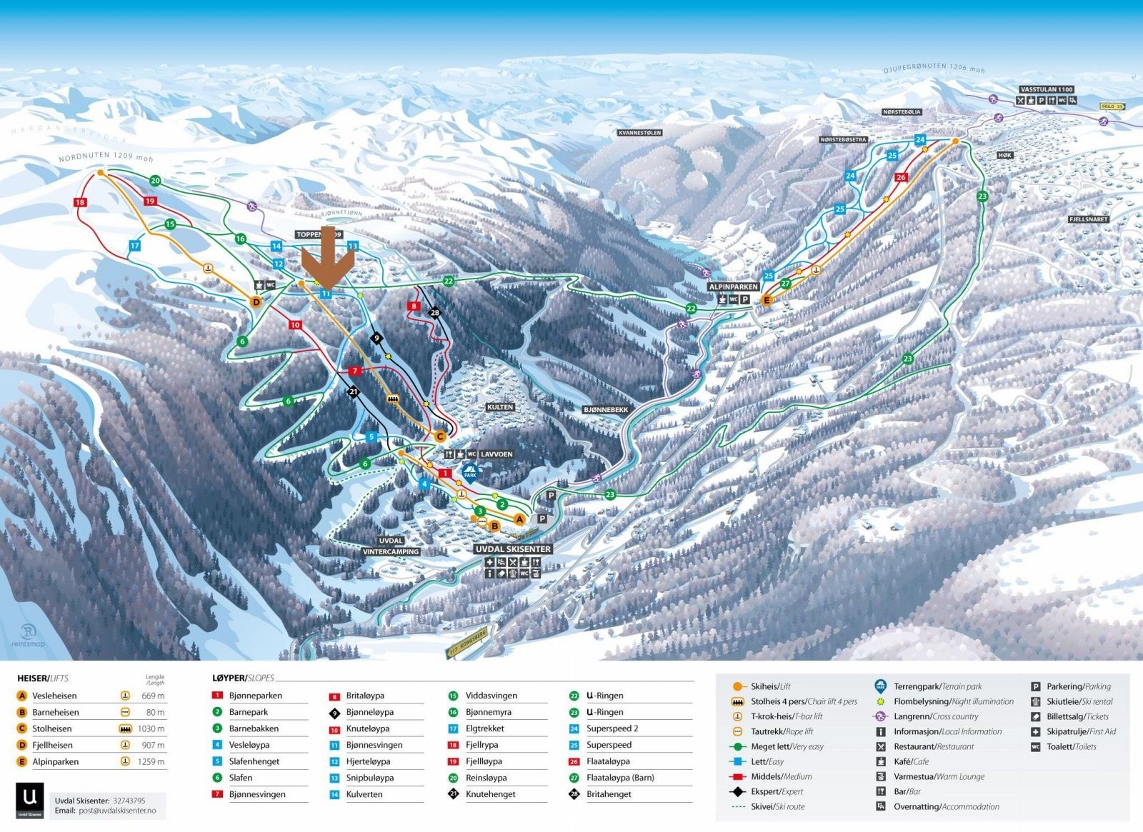 Kart over Uvdal Skisenter - Pil markerer omtrentlig plassering av tomt Galleribilde