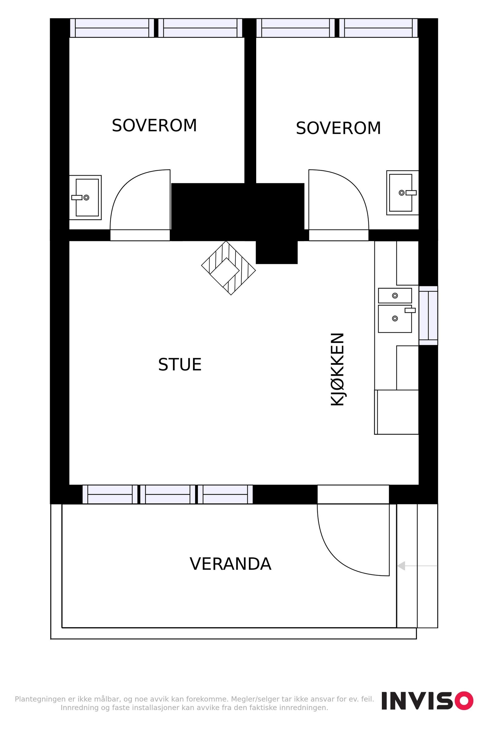 Plantegning. Det er mulighet for tilbygg i henhold til reguleringsplanens bestemmelser. Avløpsrør ligger frem til hver enkelt hytte for installasjon av dusj og toalett. Galleribilde