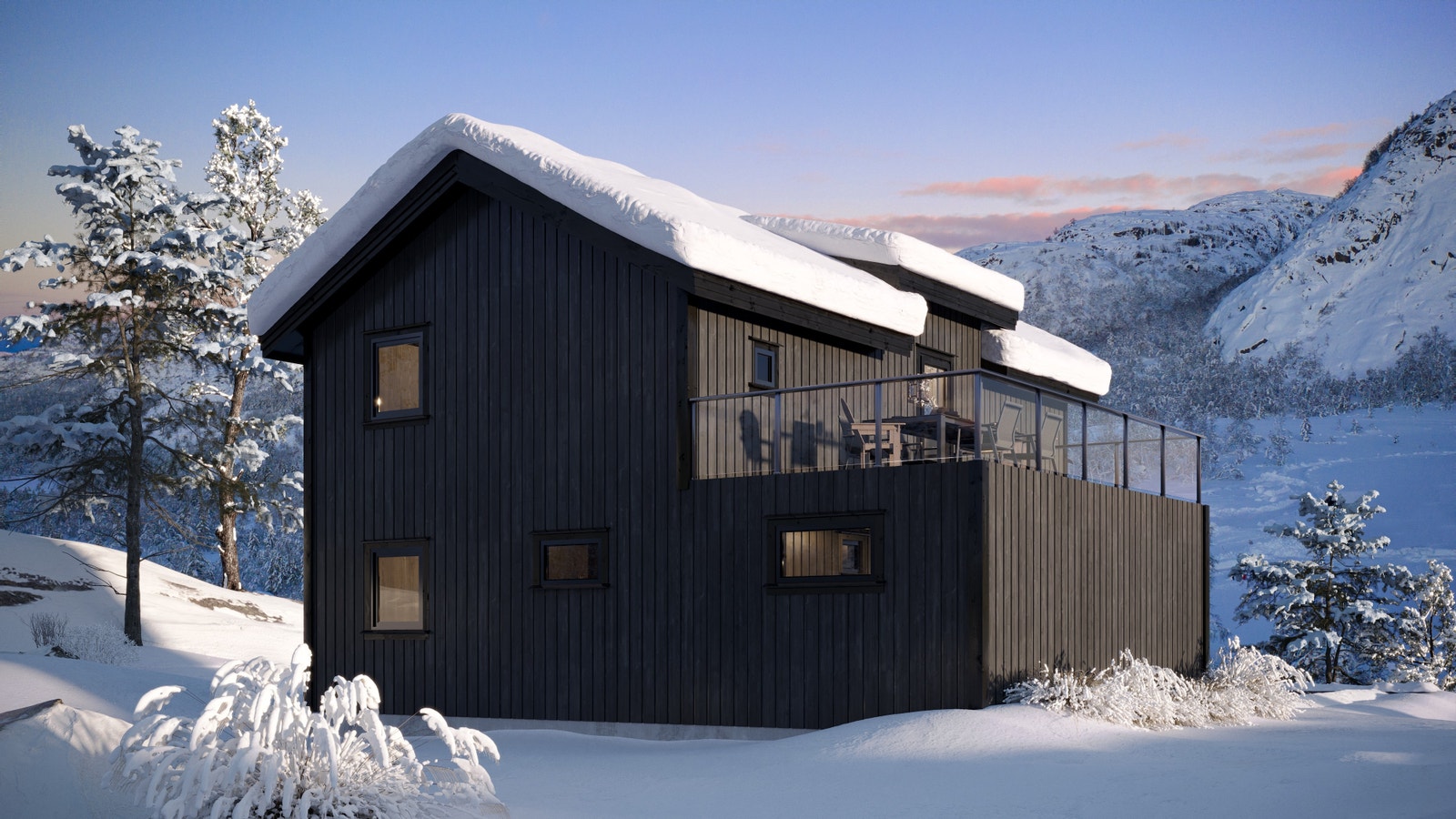 Utvendige fasader som viser en carport med takterrasse. Dette er en visualisering som bl.a. viser glassrekkverk (tilvalg) Galleribilde