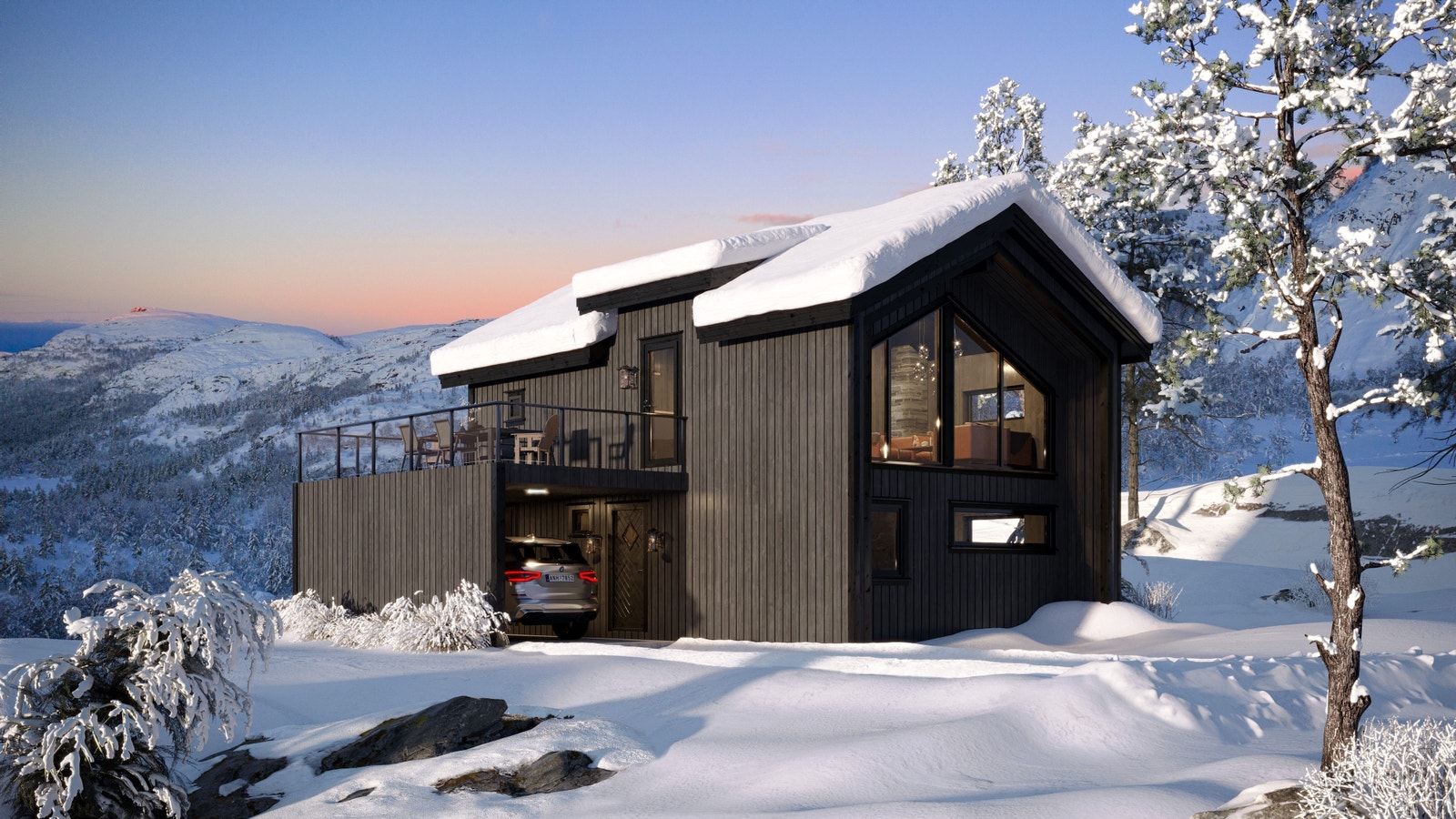 Utvendige fasader som viser store vindusflater, og en carport med takterrasse. Dette er en visualisering som bl.a. viser glassrekkverk (tilvalg) Galleribilde