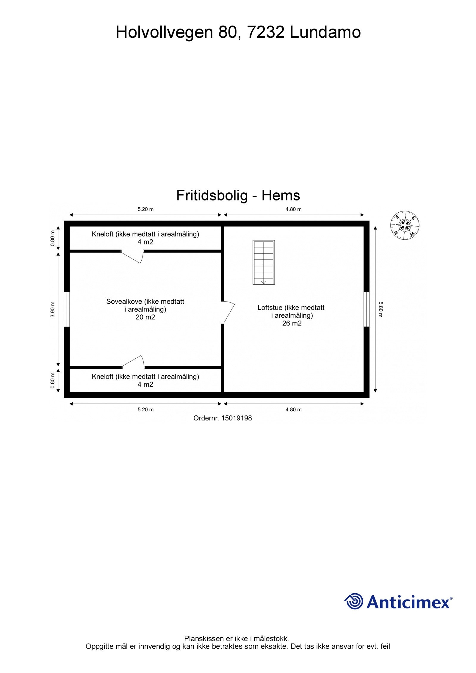 Plantegning hems. Hemsen består av loftstue og sovealkove med kneloft. Galleribilde