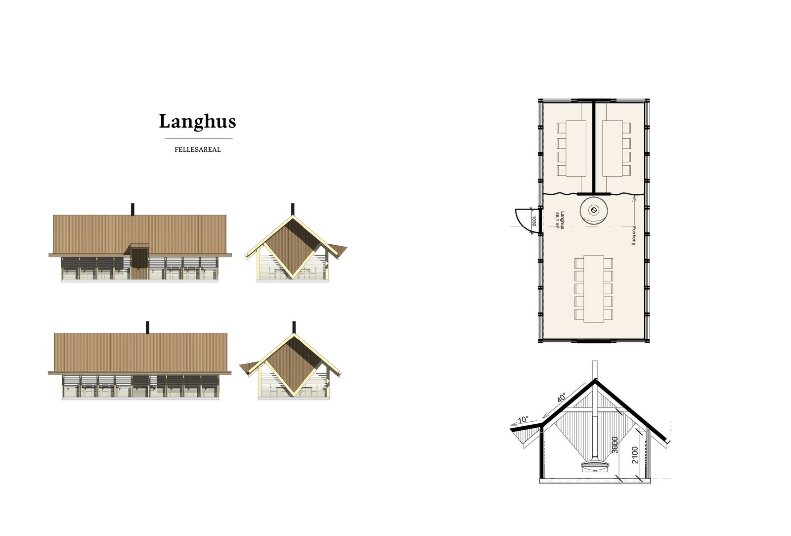 Fasade og planløsning for felles langhus Galleribilde