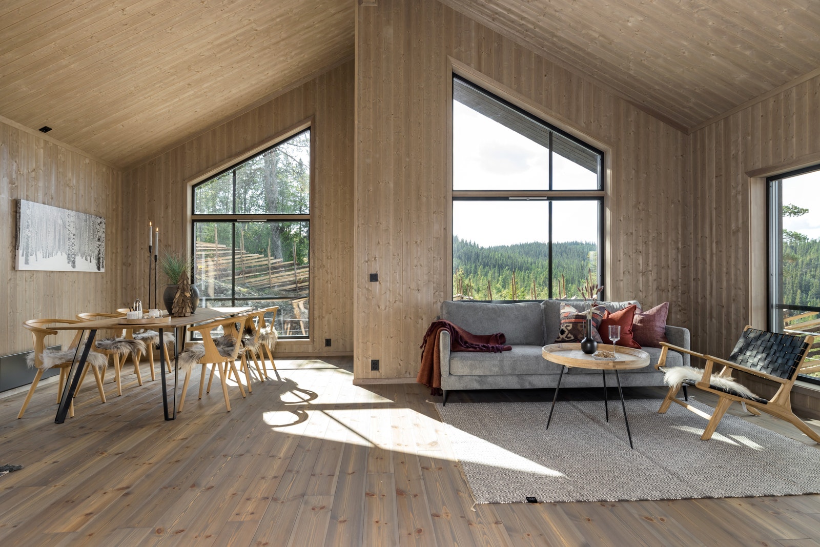 Fra hyttemodellen Skarvheim. Det er flere valgmuligheter når det gjelder innvendig fargevalg på gulv, vegger og tak. Galleribilde