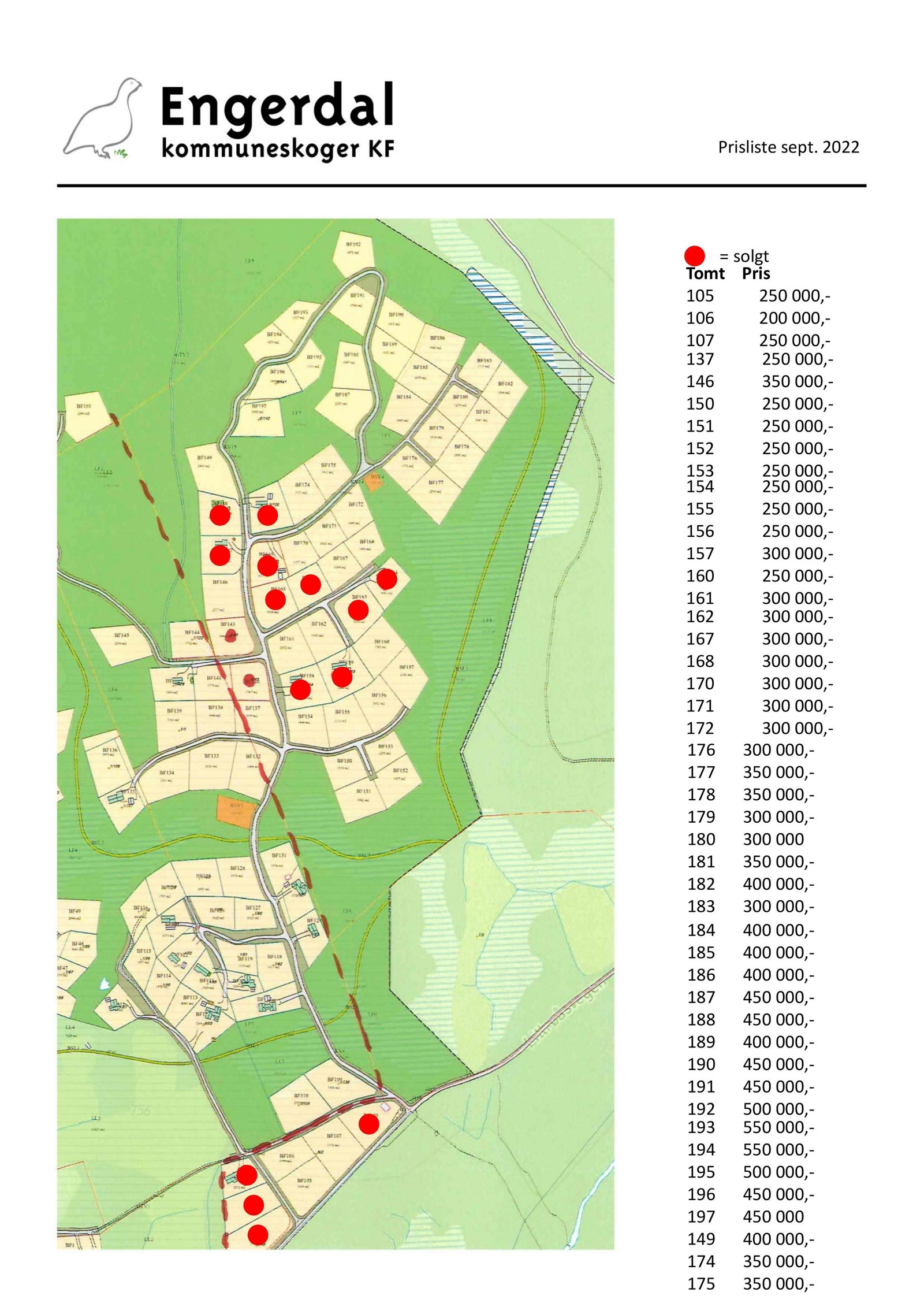 Tomtekart med prisliste. Galleribilde