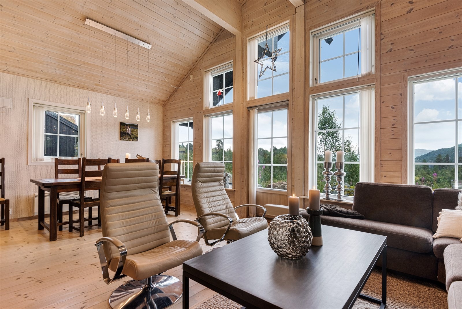 Stuen er lys og luftig med mønet takhimling og gode vindusflater Galleribilde