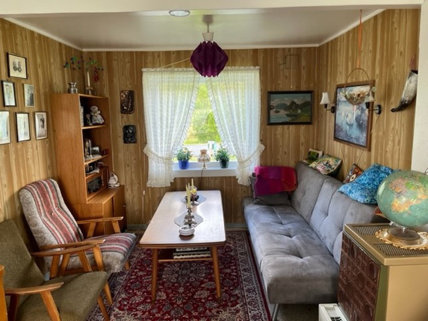 Boligens stue har vegger av trepanel og har plass til sofa med tilhørende møblement.
