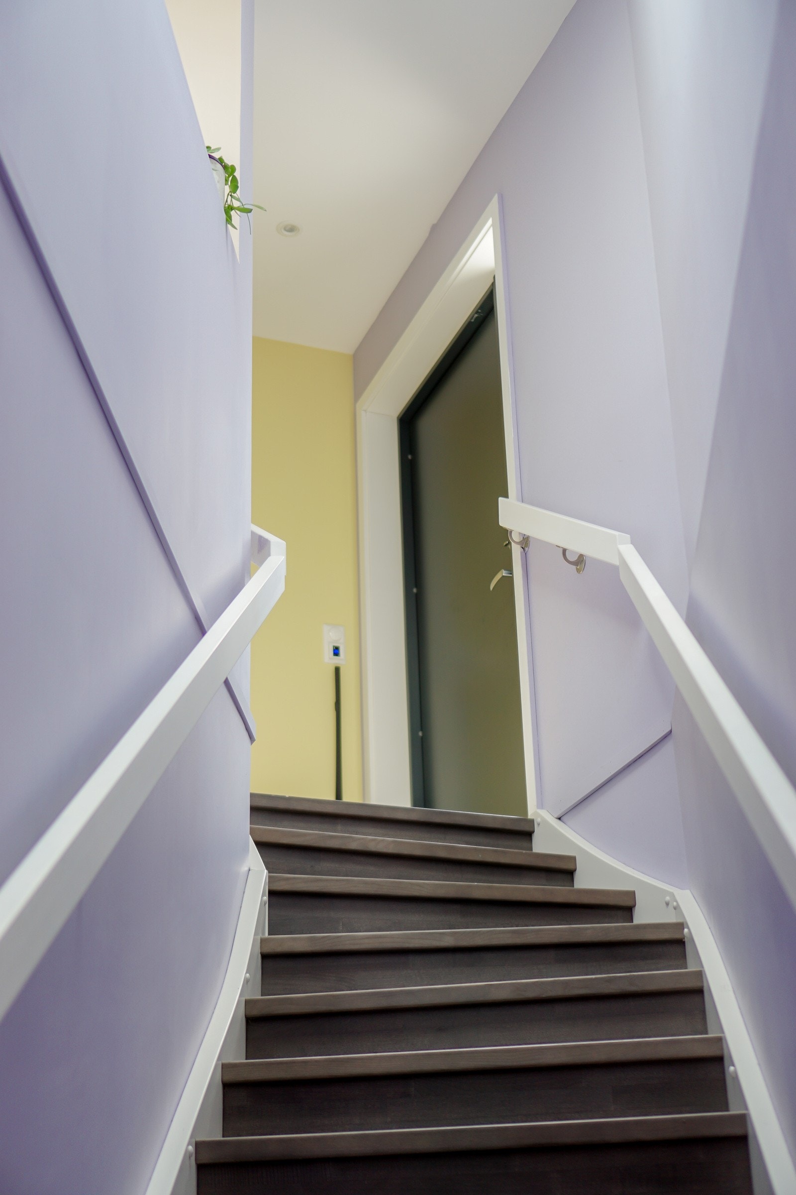 Trappeløp malt i behagelig lavendeltone. Takvindu sørger for godt lys. Galleribilde