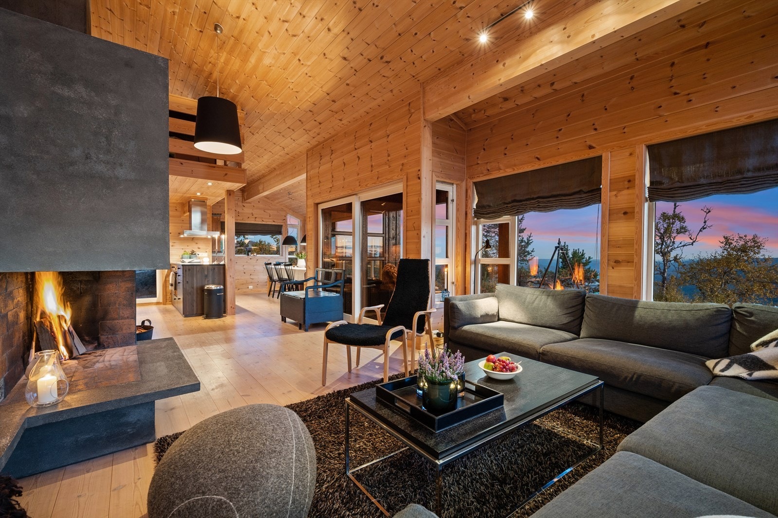 God planløsning i hytta. Åpen stue/kjøkkenløsning på høyre hånd fra entréen, Soverom og bad er beliggende på venstre hånd Galleribilde