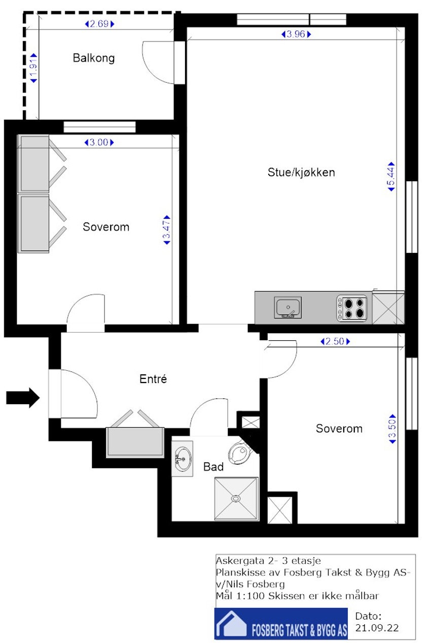 Plantegning - leiligheten ligger i 3. etasje med heisadkomst. Galleribilde