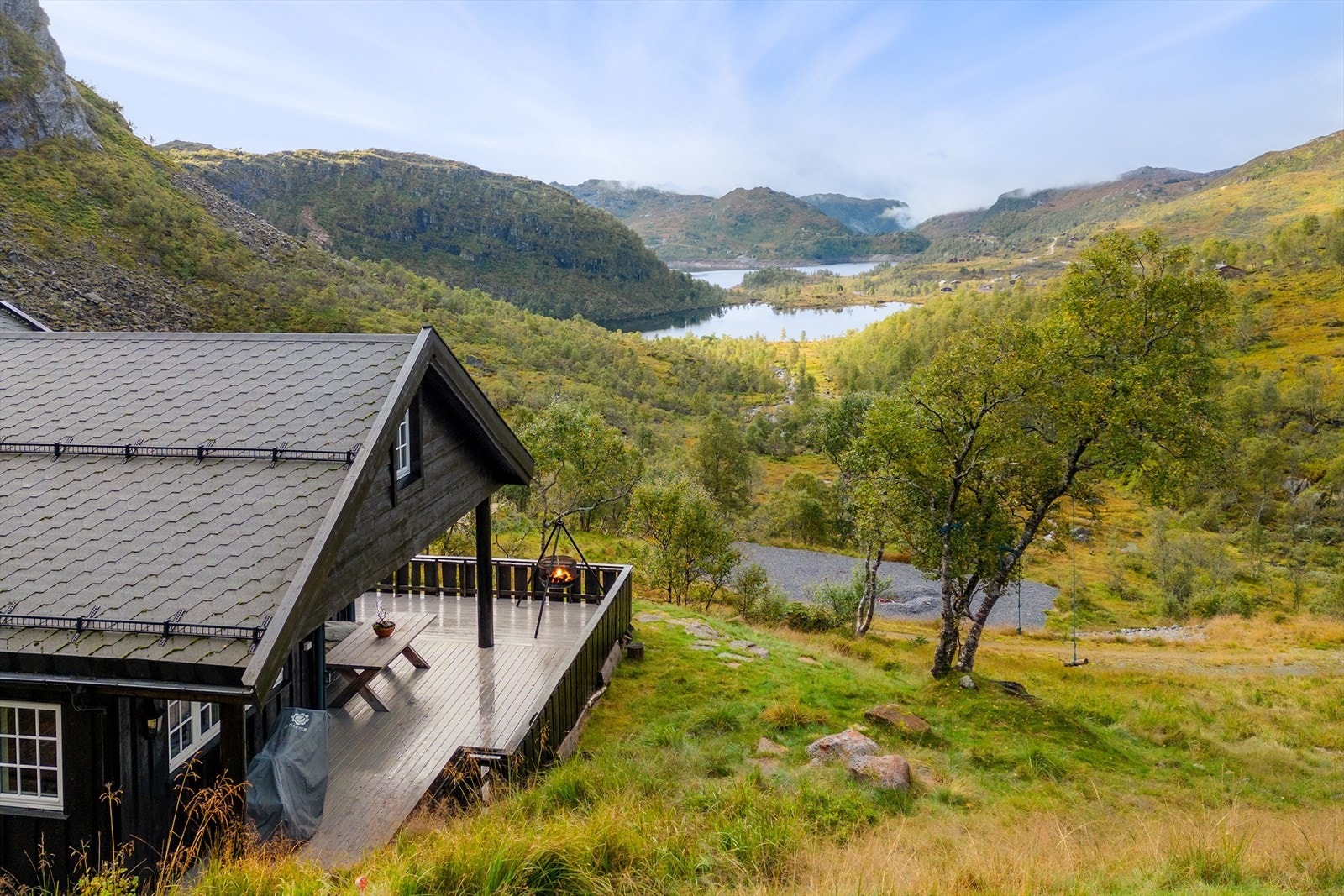 Hytten har store terrassearealer, som gjerne er i bruk året rundt. Overbygg på deler av terrassen er praktisk på de regntunge dagene. Galleribilde