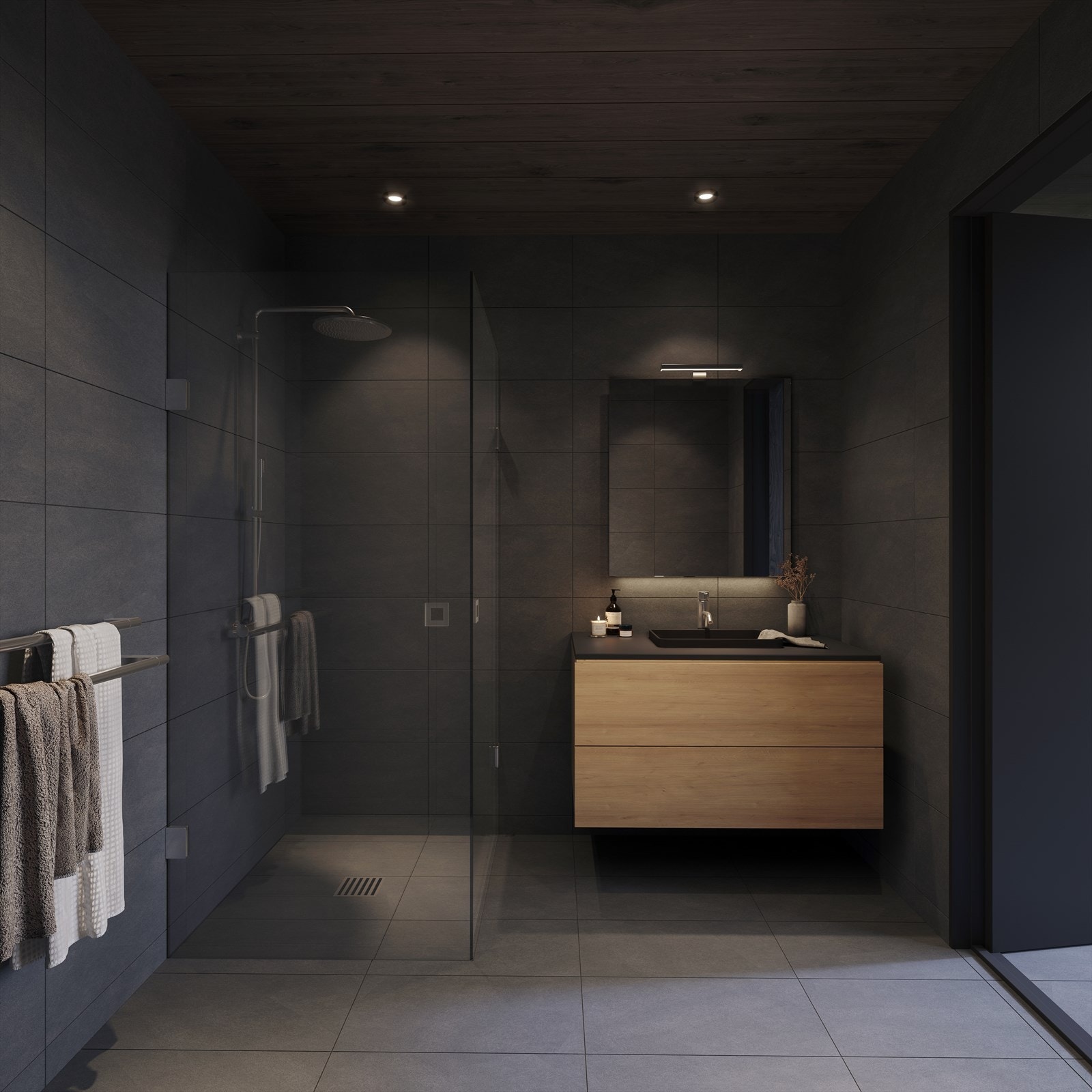 Unn deg litt ekstra komfort og velvære. Badet blir innbydende, flislagt, med varmekabler i gulvet og trepanel i taket. Det er her du får varmen tilbake i kroppen etter en lang dag på ski. (Illustrasjon) Galleribilde