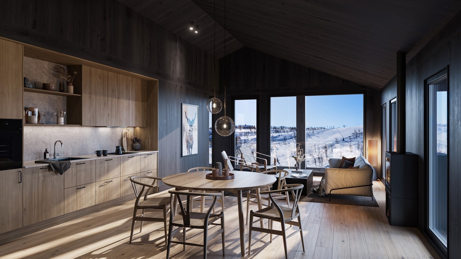 Delikat materialvalg med lekkert kjøkken fra Drømmekjøkkenet, limtrepanel og lyst en-stavs parkett. (Illustrasjon fra annen leilighetstype) Galleribilde