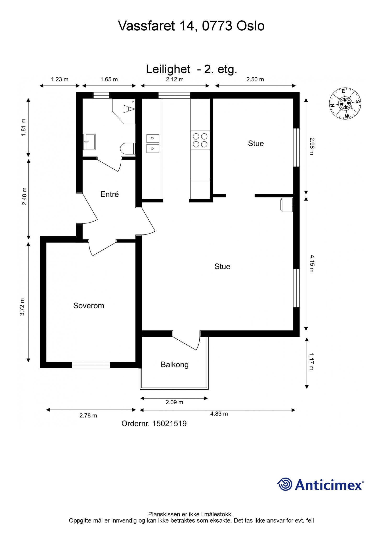 Leiligheten inneholder: Gang, bad, kjøkken, 2 soverom og stue med balkong. Galleribilde