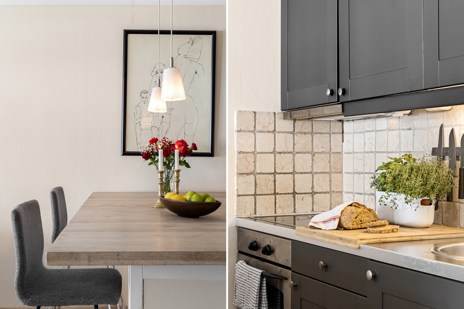 Kjøkkenhalvøyen fungerer fint som en bardiskløsning og gir ekstra arbeidsplass på kjøkkenet. Galleribilde