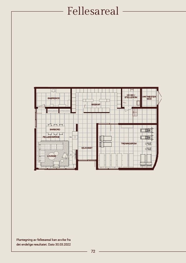 I prosjektets fellesarealer vil man ha fri tilgang på loungearealer med diverse sittegrupper, peis, toalett- og kjøkkenfasiliteter, samt et treningsrom til fri benyttelse for alle beboere Galleribilde