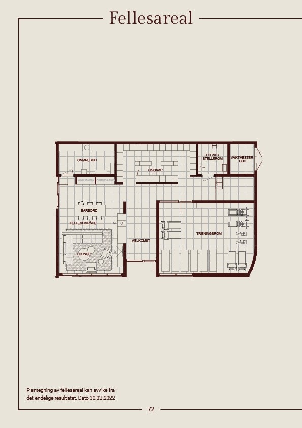 I prosjektets fellesarealer vil man ha fri tilgang på loungearealer med diverse sittegrupper, peis, toalett- og kjøkkenfasiliteter, samt et treningsrom til fri benyttelse for alle beboere. Galleribilde