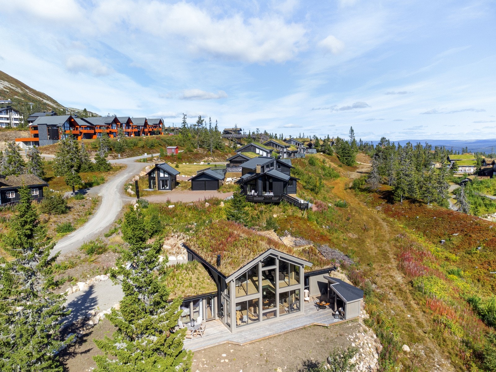 På terrassesidene av hytta er tomten planert og tilsådd. Ellers er det naturtomt i svakt skrående terreng med naturlig beplantning av busker og trær. Galleribilde
