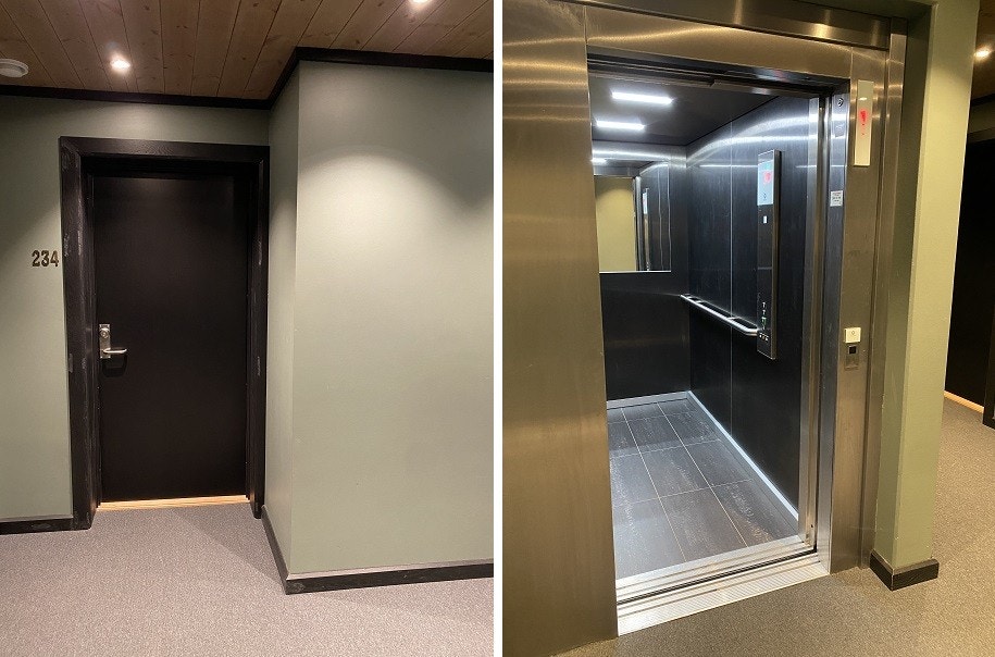 Pene fellesarealer og heisforbindelse fra leiligheten (nr. 234) til bodanlegg og garasje. Galleribilde