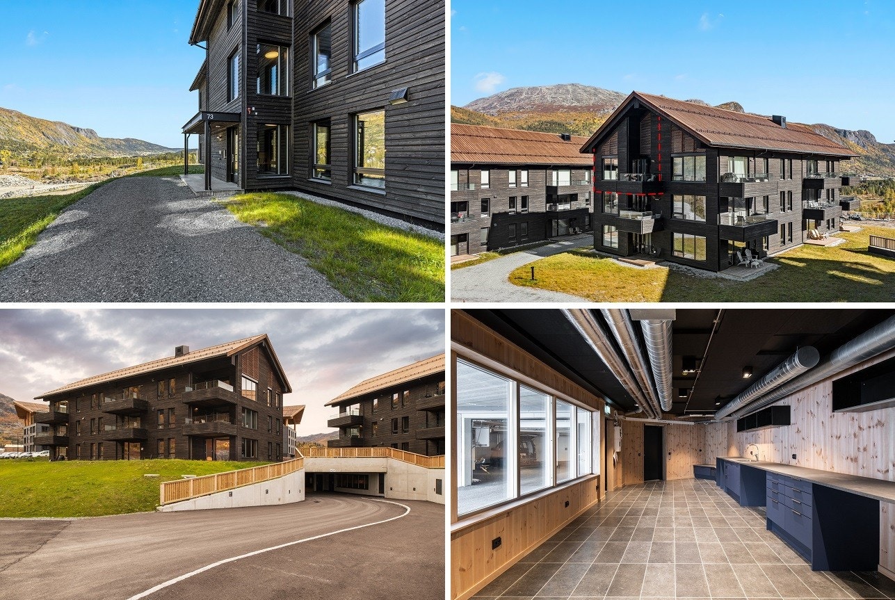 Inngangsparti i 1.etg med porttelefon. Innkjøring til garasjeanlegget. Felles smørebod. Galleribilde