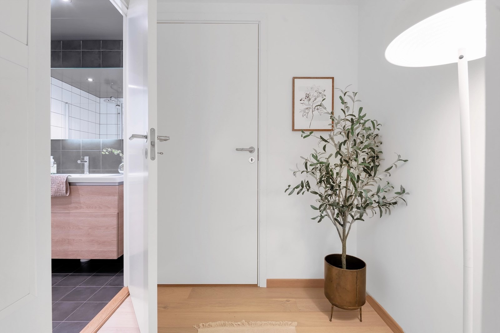 Mellomgang med inngang til bad og teknisk rom. Teknisk rom har balansert ventilasjonsanlegg med varmegjenvinning Galleribilde