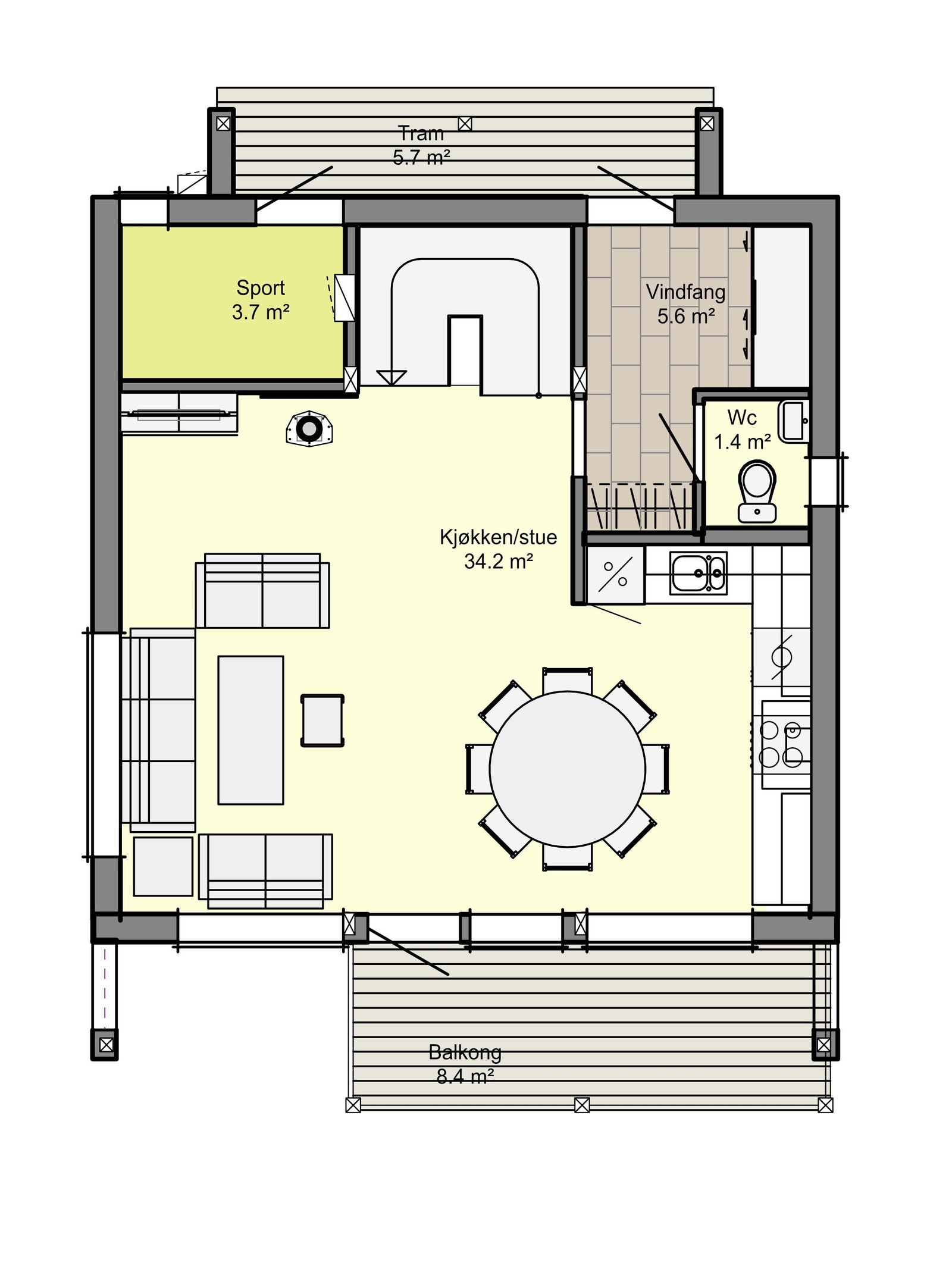 Inngangen til hytta er i 2. etasje. Her er det oppholdsrom og kjøkken og en praktisk bod. Galleribilde