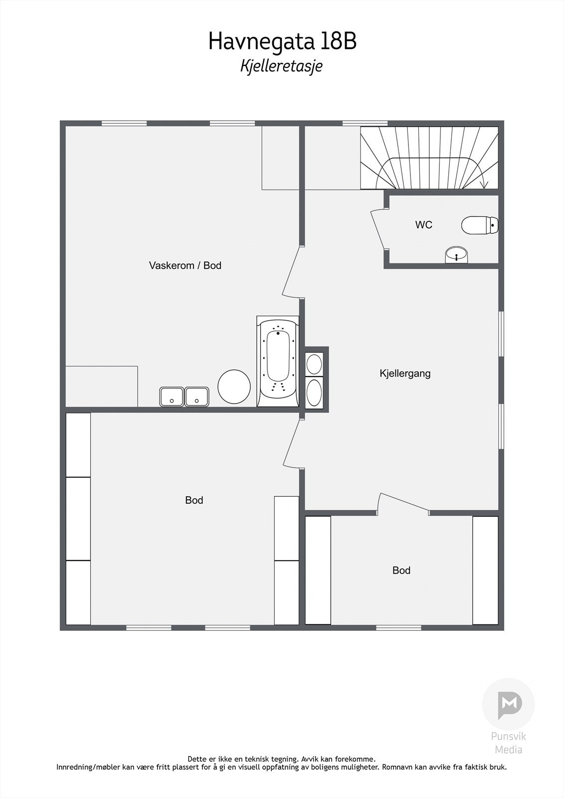 Vi beveger oss ned i kjelleretasjen. Romslig kjeller. Galleribilde