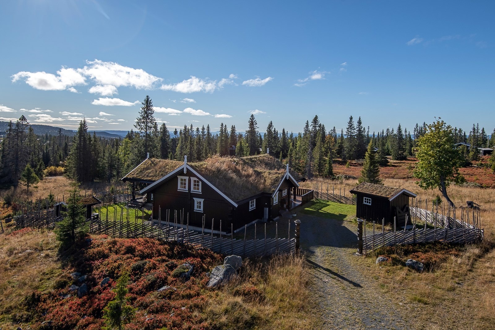 Deler av tomten er inngjerdet. Gruset adkomst og parkeringsarealer. Meget barnevennlig uten trafikkbelastning nær hytta. Galleribilde