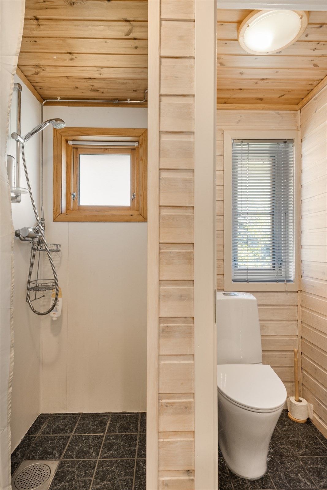 Dusjnisje med dusjgarnityr og WC-nisje med gulvmontert klosett. Galleribilde