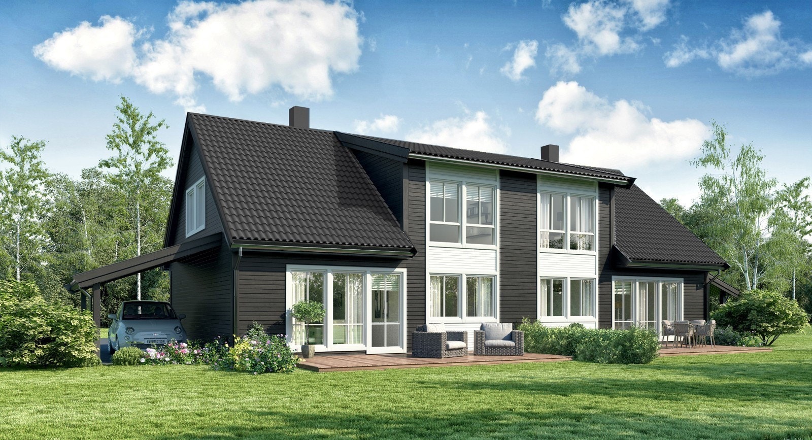 Enhet i tomannsboligen Twist fra Nordbohus Modum. Boligen er planlagt med Nord kledning i en værbitt grå nyanse. Galleribilde