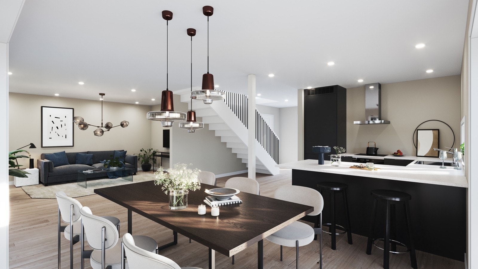 Illustrasjon fra stue og kjøkken i bolig B. (Illustrasjonen vil avvike fra faktiske forhold) Galleribilde