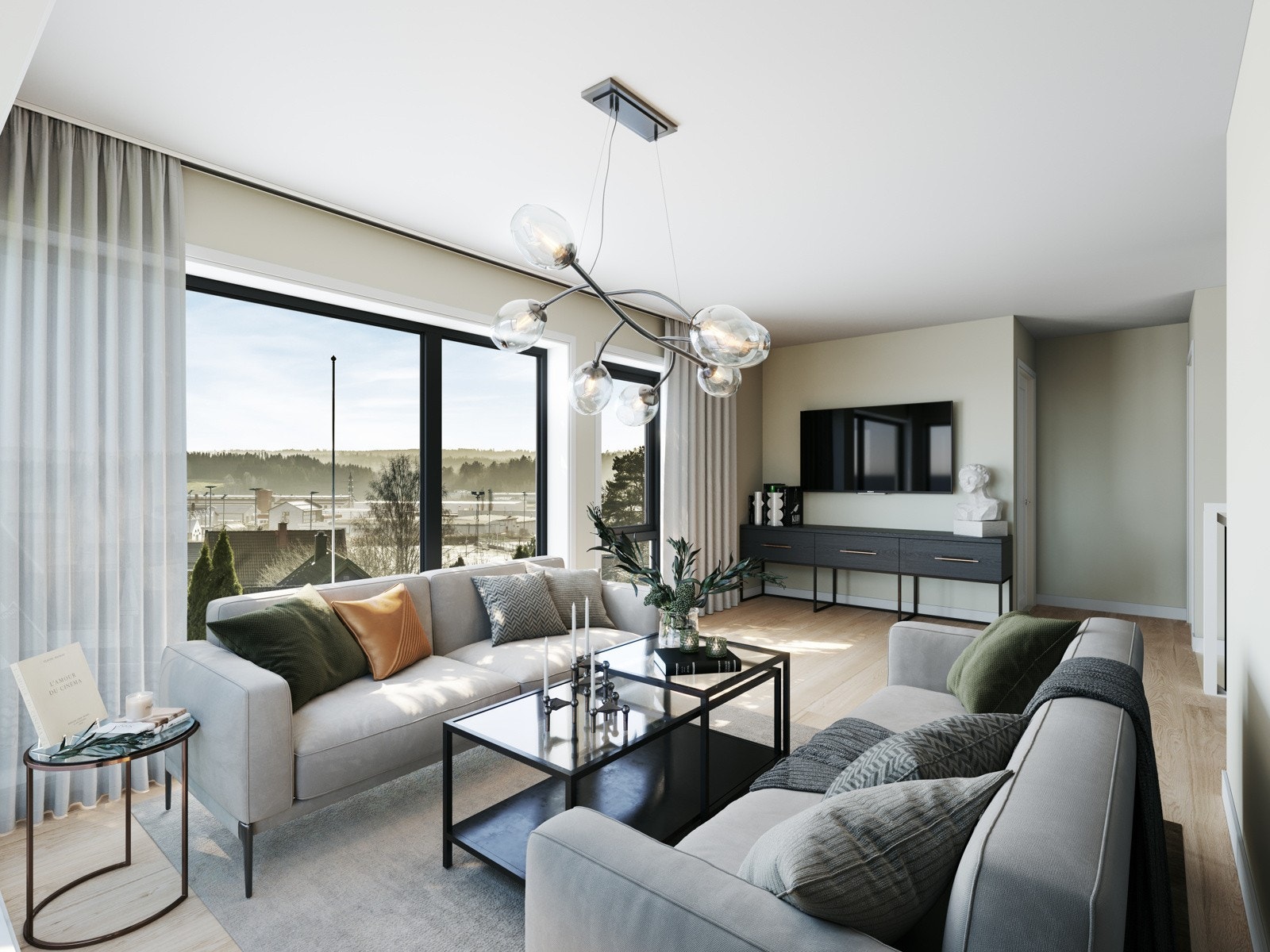 Illustrasjon fra stue i andre etasje i bolig B. Se utsikten. (Illustrasjonen vil avvike fra faktiske forhold) Galleribilde