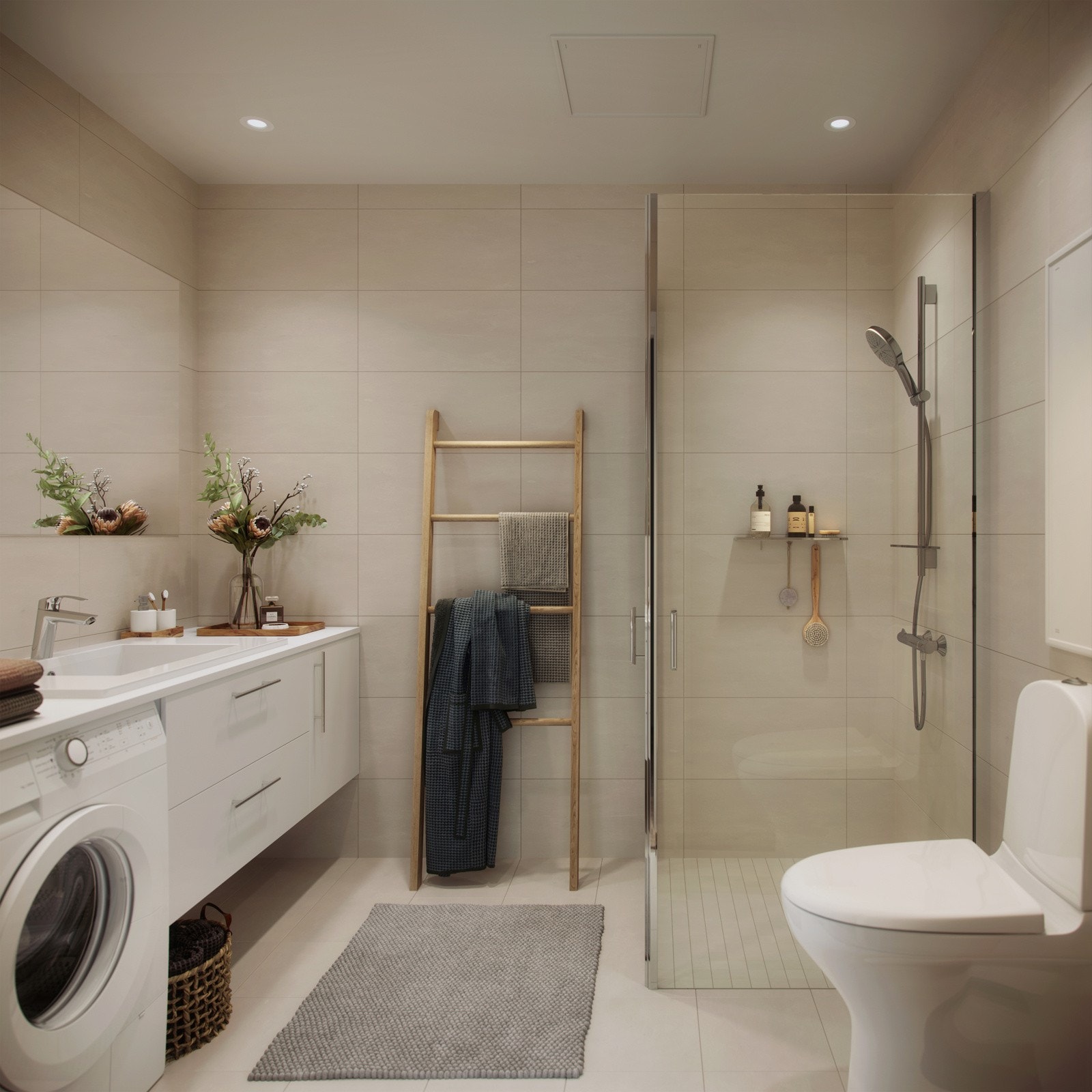 Baderom i 4?5-roms leiligheter leveres med beige fliser på gulv 30x30 cm samt 5x5 cm i dusjnisje. På veggene vil det være beige fliser i 30x60 cm. Galleribilde