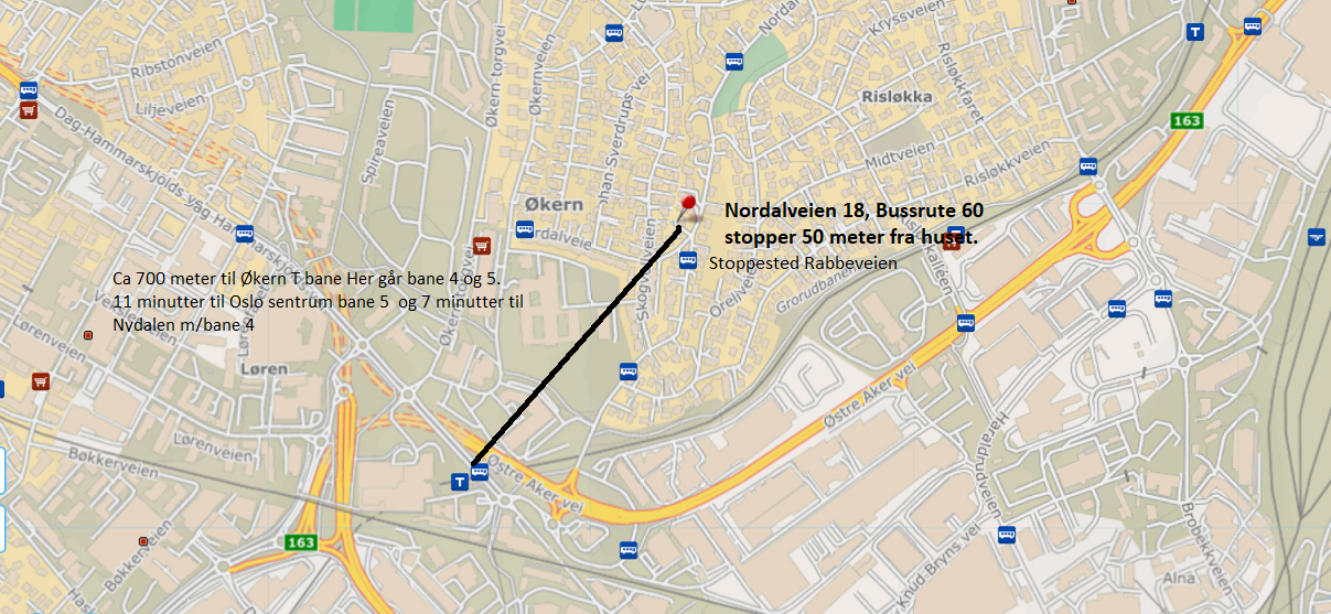 Bussrute 60 stopper 50 meter fra huset. Stoppested Rabbeveien. 700 meter å gå ned til Økern T Bane hvor både bane 4 og 5 går. 11 minutter til Sentrum og 7 minutter til Nydalen(BI) Galleribilde