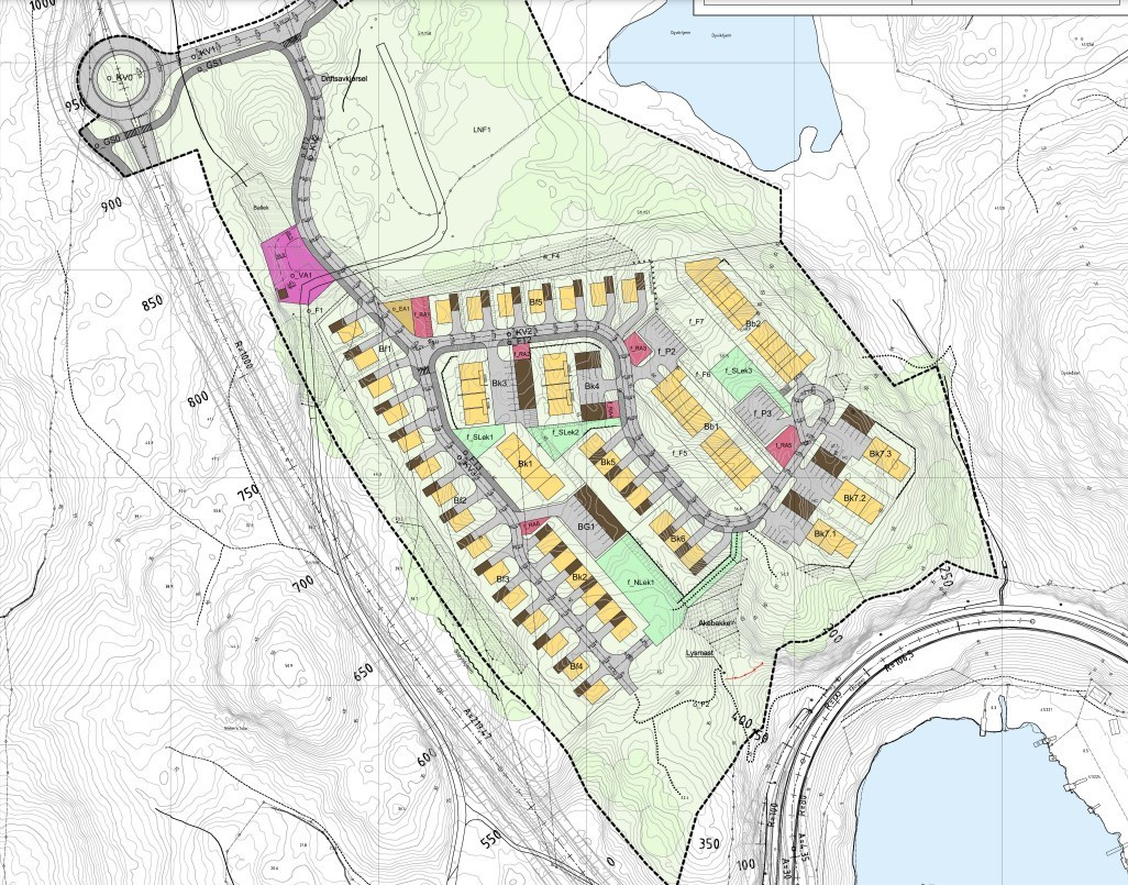 Områdekart illustrasjonsforslag, her kommer det mange attraktive boliger i et flott nytt område i Arendal kommune