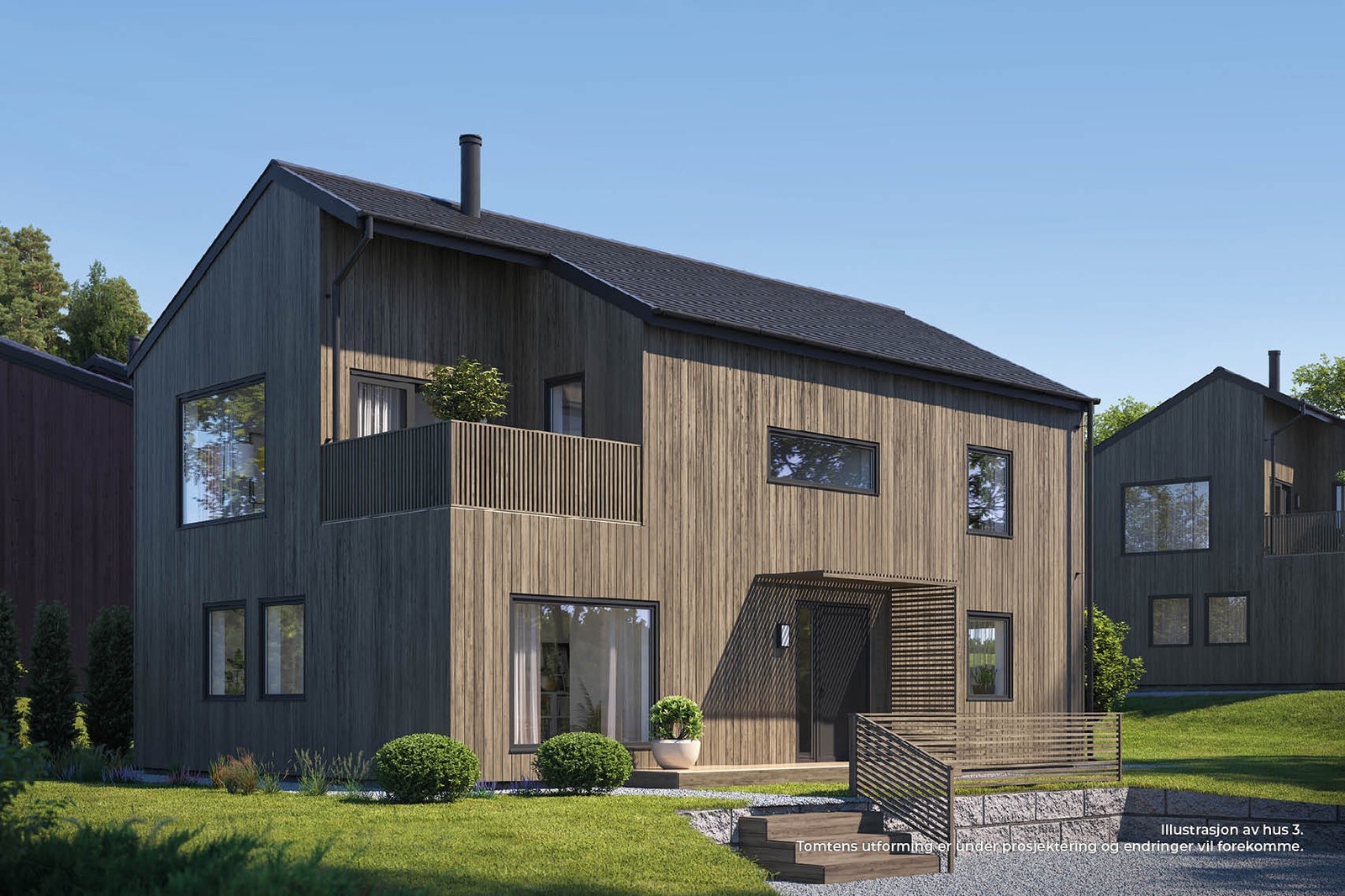 Illustrasjon av Hus 3 som får balkong mot sørvest, og terrasse mot sørøst. Mulig med tilpasning av terrasser Galleribilde