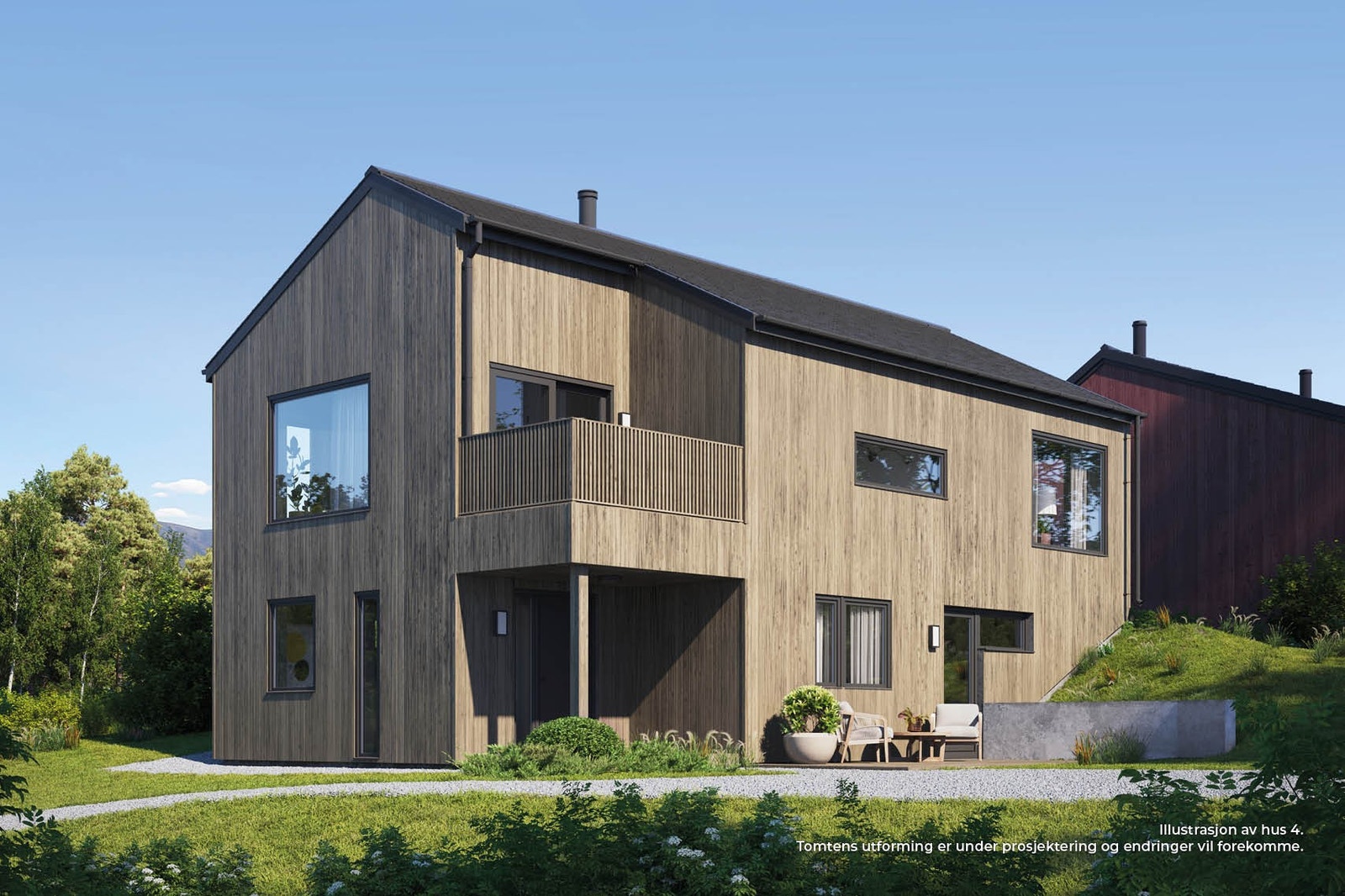 Illustrasjon av Hus 4 som får balkong og terrasse mot sør. Mulig med tilpasning av terrasser Galleribilde