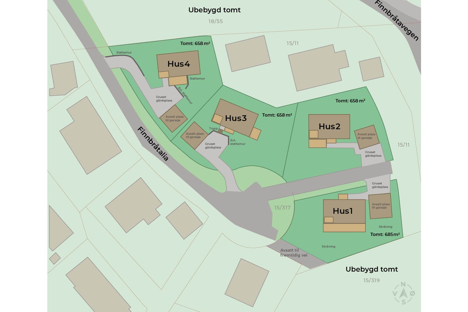 Utomhusplan som viser boligenes plassering på tomten Galleribilde