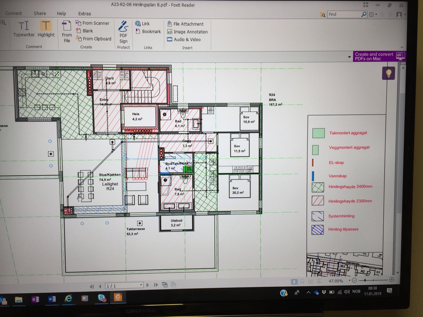 Plantegning av leiligheten, hele 8. etg. Viser ikke hele verandaen til venstre som også er på 50kvm. Galleribilde