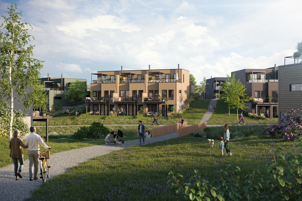 Husene blir bygget i rekker, men allikevel luftig og skjermet. Galleribilde