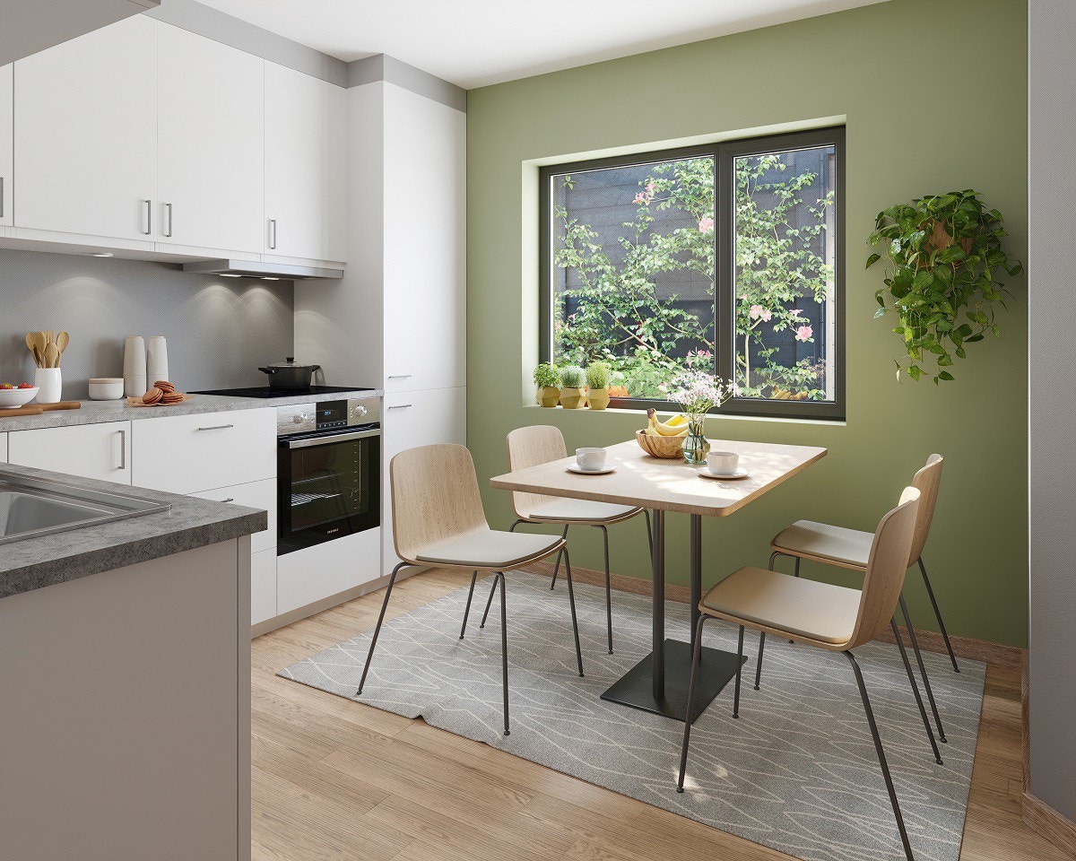 Kjøkken blir levert med hvitevarer og i hvit utførelse. Her er det mange muligheter for å sette sitt persnolige preg i tilvalgsprosessen. Galleribilde