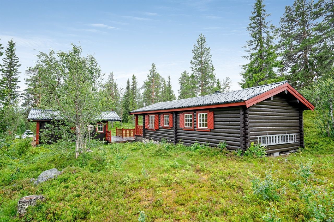 Tømmerhytte med anneks. Parkering i innkjøringen til hytta Galleribilde
