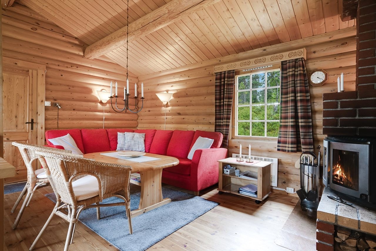 Koselig stue med tømmervegger og synlige åser i taket Galleribilde