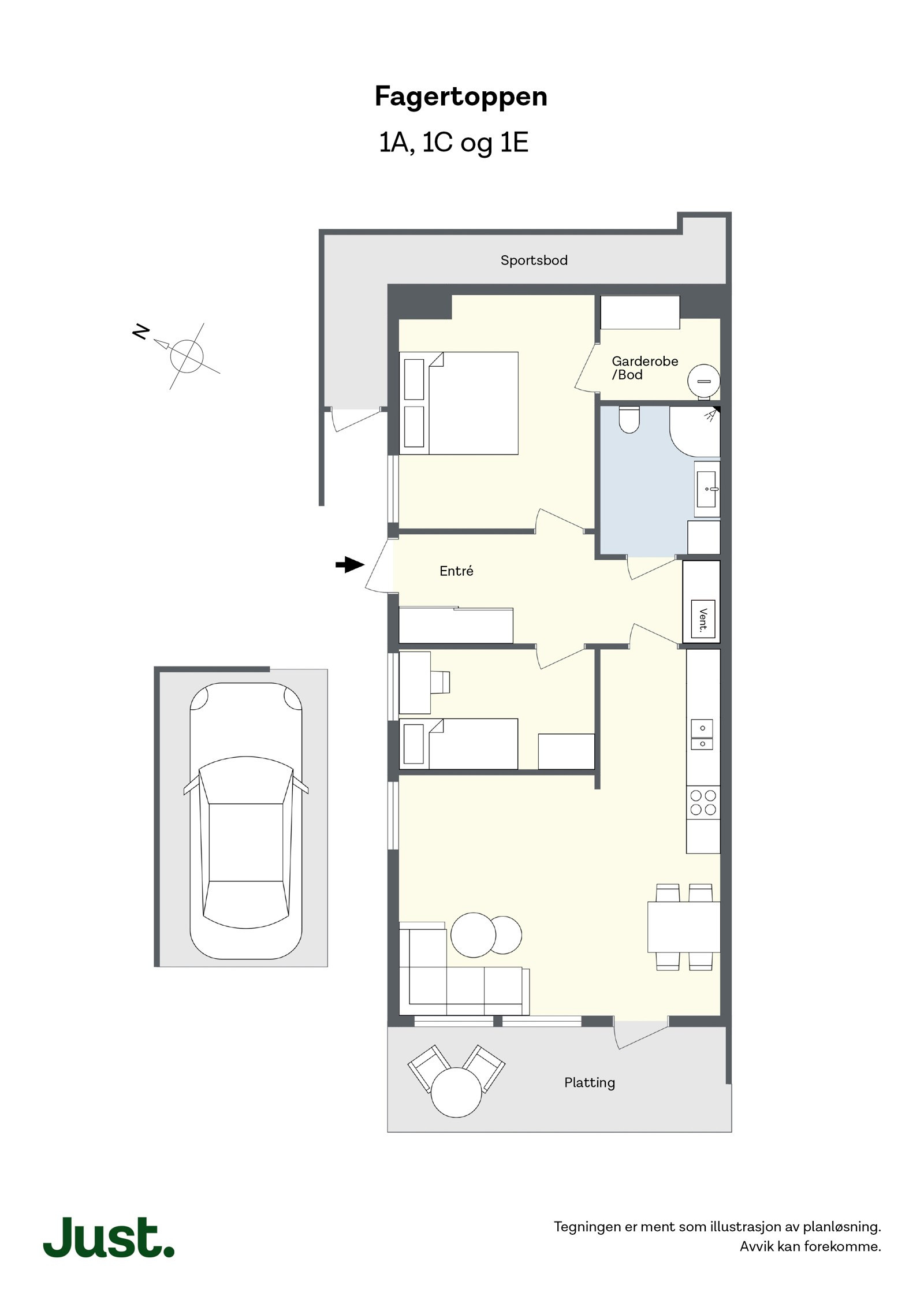 Planskisse. Legg merke til parkering i carport og sportsbod i bakkant av leiligheten.